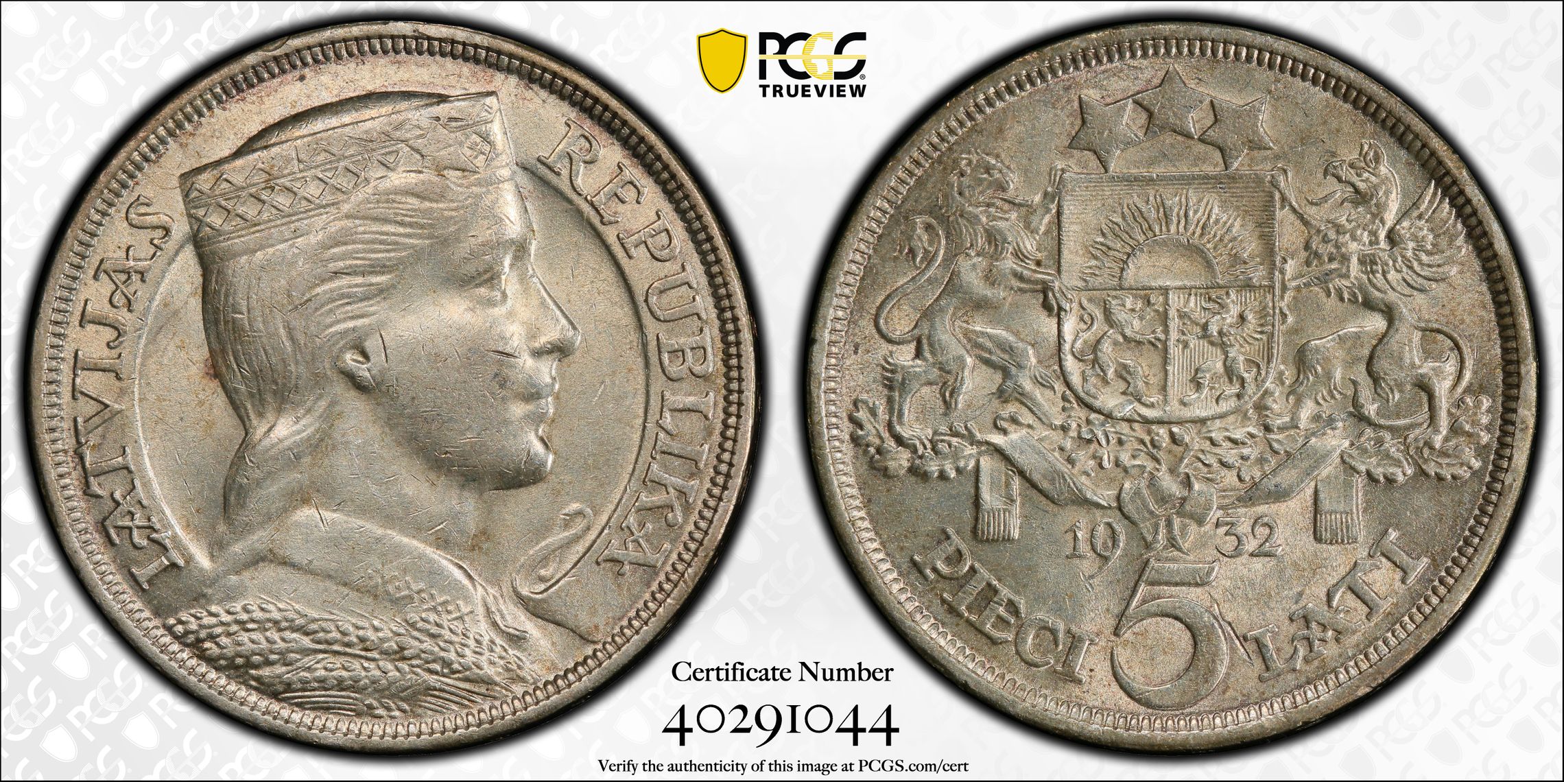 Latvia 1932 5 Lati PCGS UNC lustrous PC1056 combine shipping - Picture 1 of 5